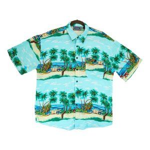 Imperial Mens Hawaiian Shirt Size L Blue with Palm Trees & Woodies Made in Korea